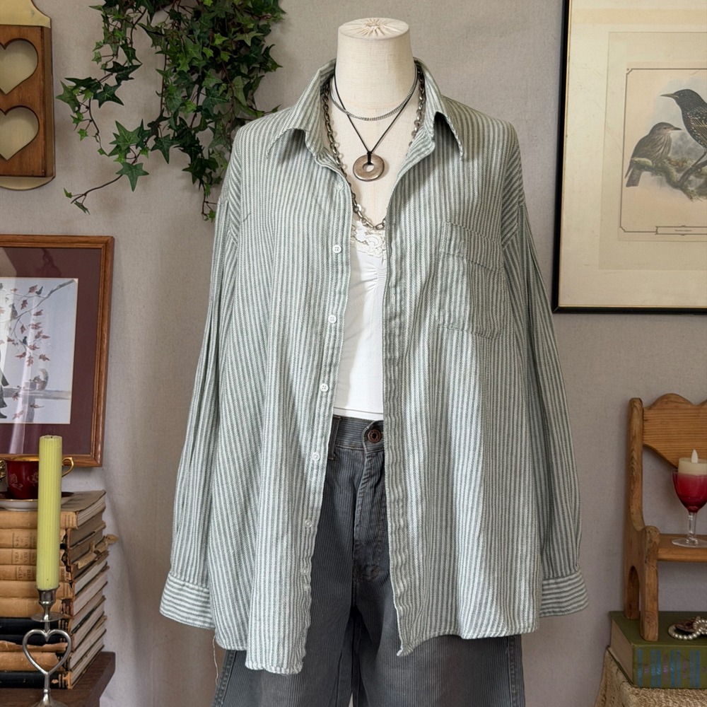 Green Striped Button Up Shirt Indie Grunge Vintage Oversized Granola Layering